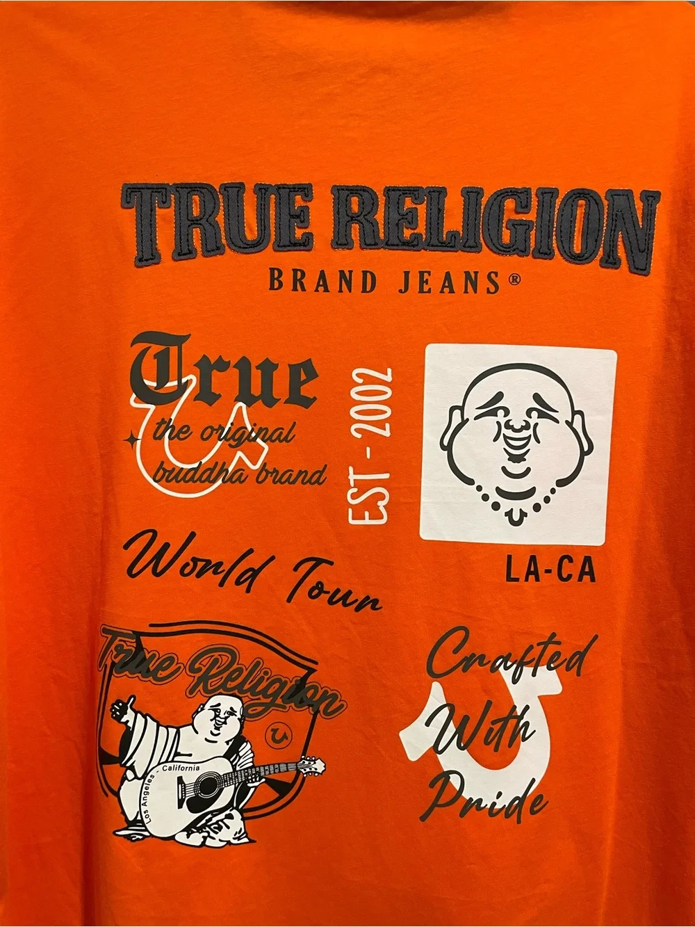 NWT True Religion Red Orange Appliqué Multi Tee Medium